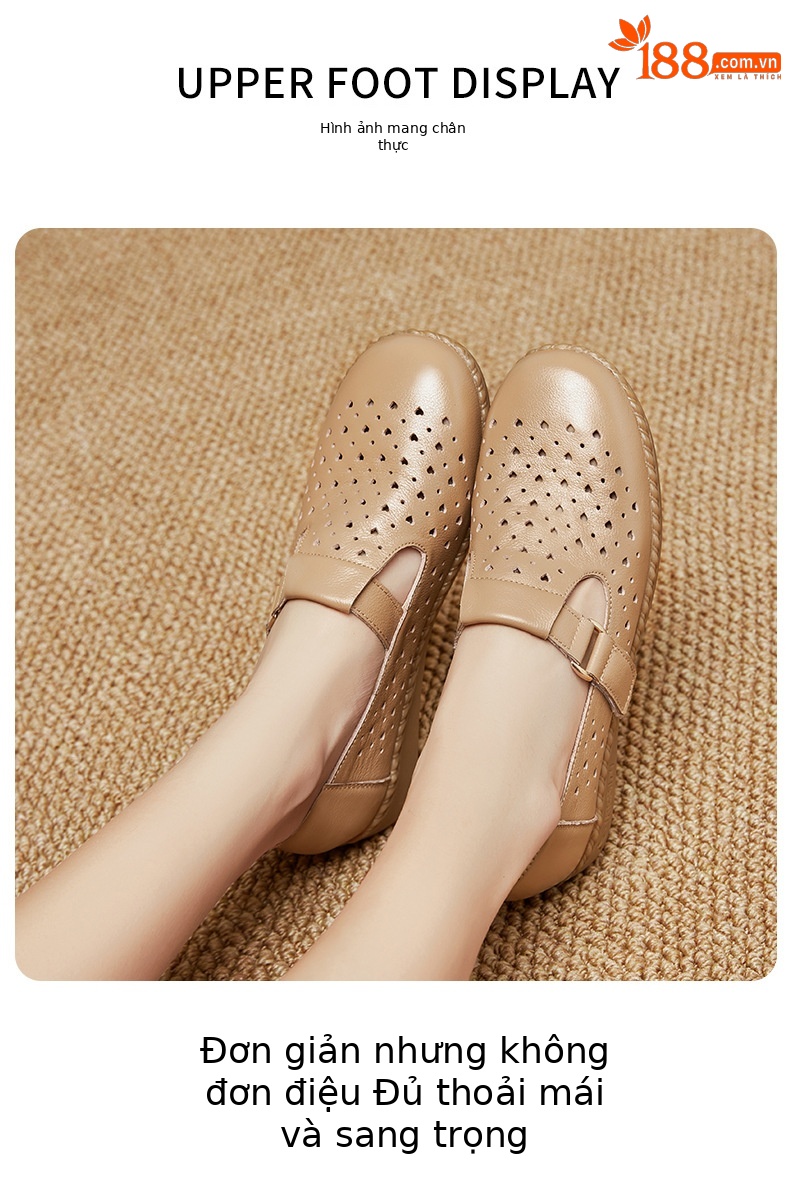 Dép sandal nữ da thật đế mềm thoáng khí, giày lỗ mùa hè — Đỏ rượu chi tiết 14