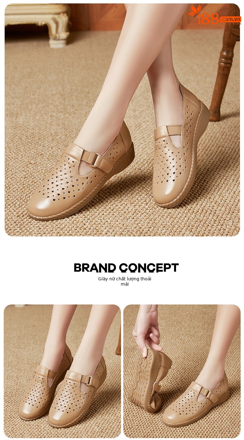 Dép sandal nữ da thật đế mềm thoáng khí, giày lỗ mùa hè — Đỏ rượu chi tiết 15