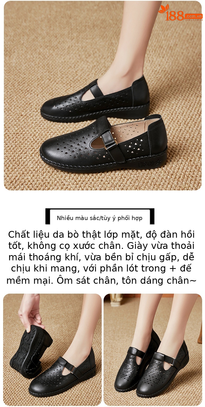 Dép sandal nữ da thật đế mềm thoáng khí, giày lỗ mùa hè — Đỏ rượu chi tiết 20
