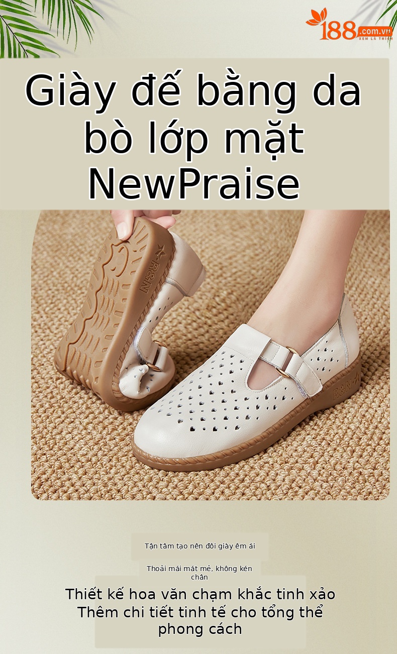 Dép sandal nữ da thật đế mềm thoáng khí, giày lỗ mùa hè — Đỏ rượu chi tiết 1