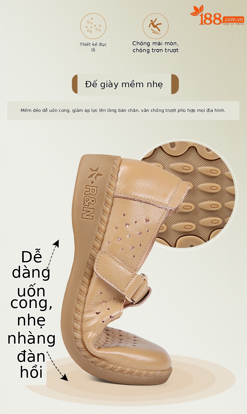 Dép sandal nữ da thật đế mềm thoáng khí, giày lỗ mùa hè — Đỏ rượu chi tiết 2