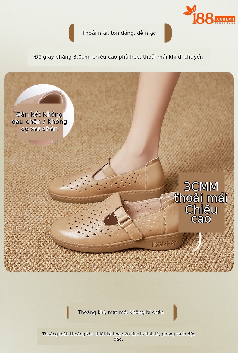 Dép sandal nữ da thật đế mềm thoáng khí, giày lỗ mùa hè — Đỏ rượu chi tiết 3