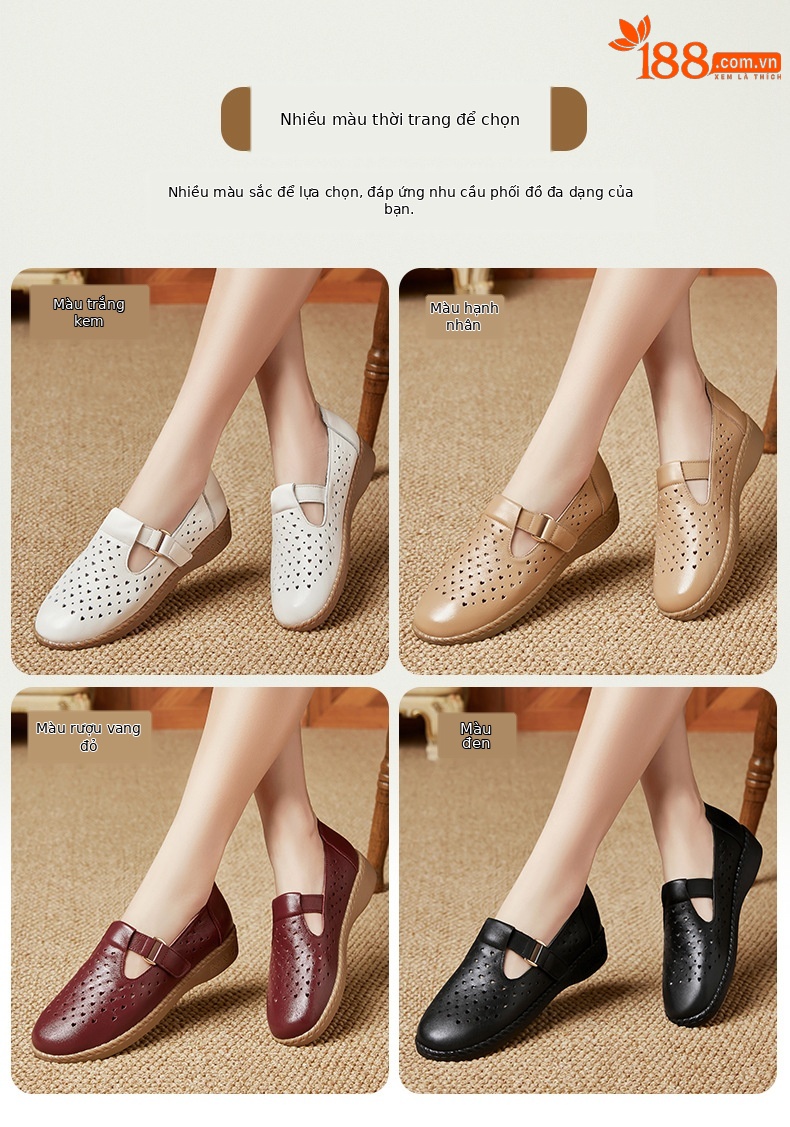 Dép sandal nữ da thật đế mềm thoáng khí, giày lỗ mùa hè — Đỏ rượu chi tiết 5