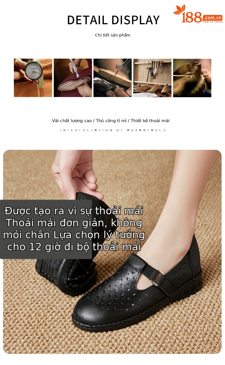 Dép sandal nữ da thật đế mềm thoáng khí, giày lỗ mùa hè — Đỏ rượu chi tiết 7