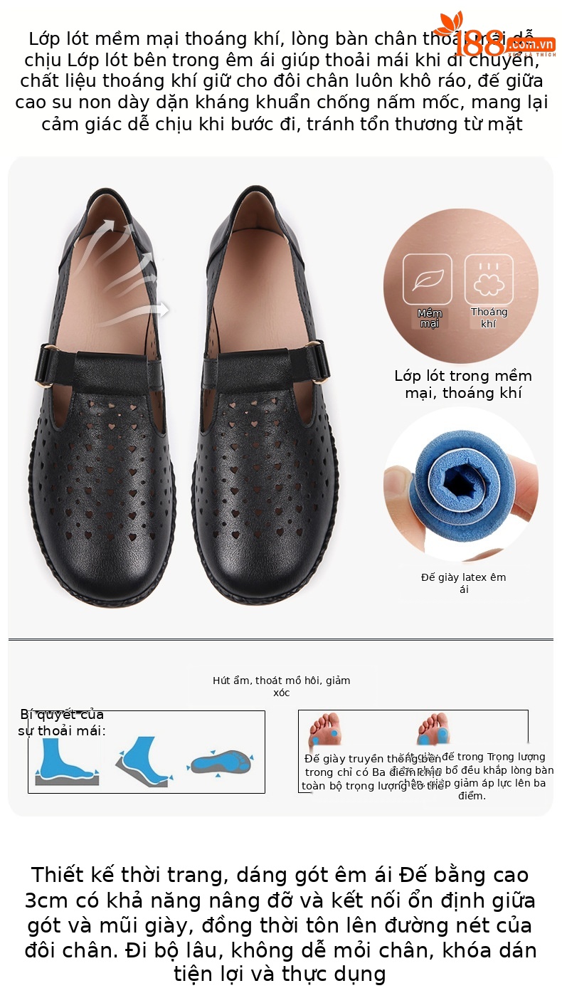 Dép sandal nữ da thật đế mềm thoáng khí, giày lỗ mùa hè — Đỏ rượu chi tiết 8