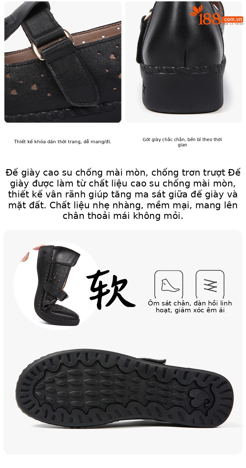 Dép sandal nữ da thật đế mềm thoáng khí, giày lỗ mùa hè — Đỏ rượu chi tiết 9