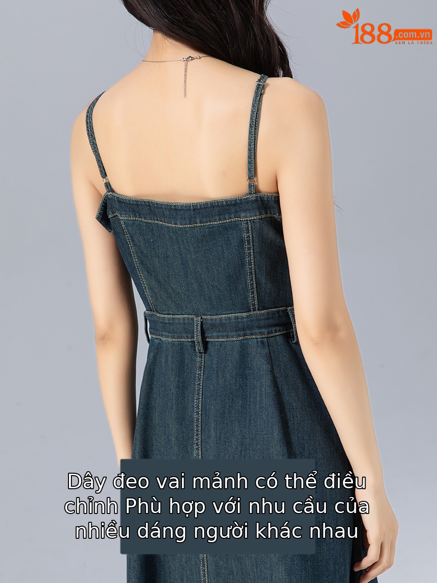 Váy liền hai dây denim cổ điển dáng chữ A thắt eo che hông dài — Xanh đá quý