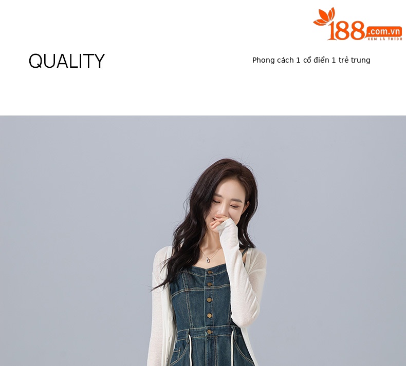 Váy liền hai dây denim cổ điển dáng chữ A thắt eo che hông dài — Xanh đá quý chi tiết 1