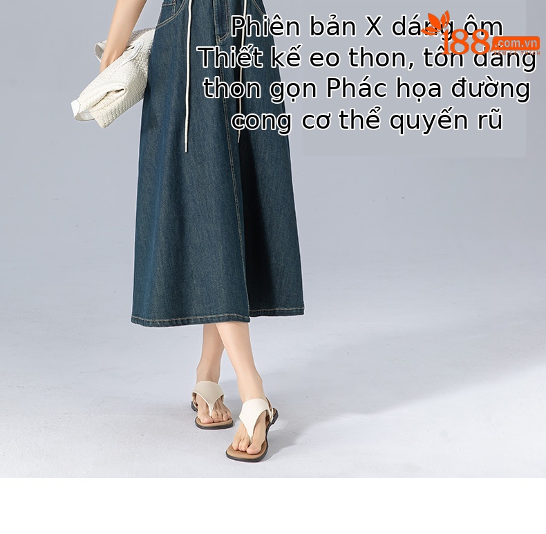 Váy liền hai dây denim cổ điển dáng chữ A thắt eo che hông dài — Xanh đá quý chi tiết 8