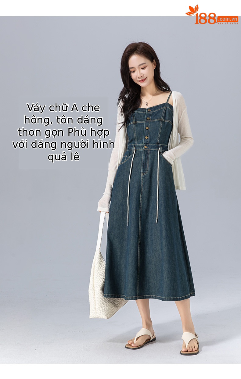 Váy liền hai dây denim cổ điển dáng chữ A thắt eo che hông dài — Xanh đá quý chi tiết 10