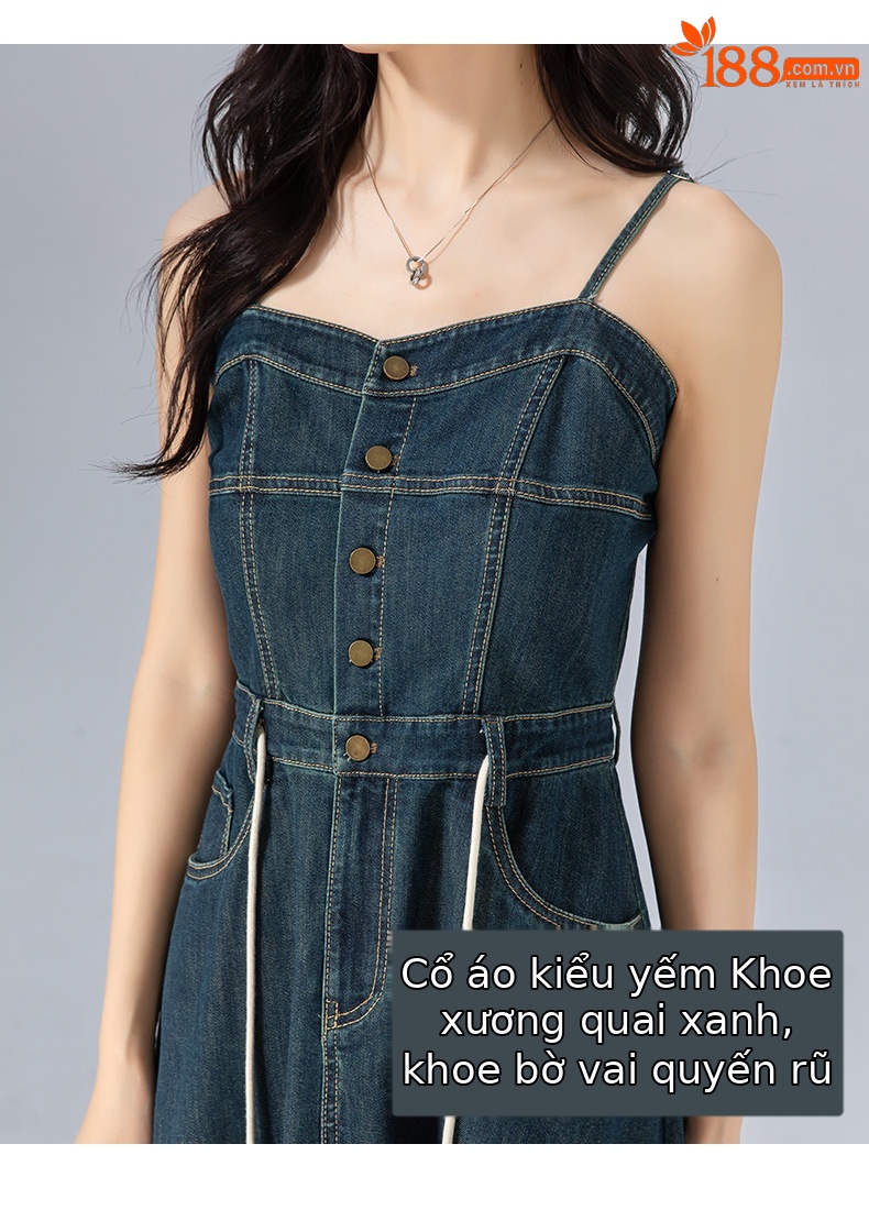 Váy liền hai dây denim cổ điển dáng chữ A thắt eo che hông dài — Xanh đá quý chi tiết 11