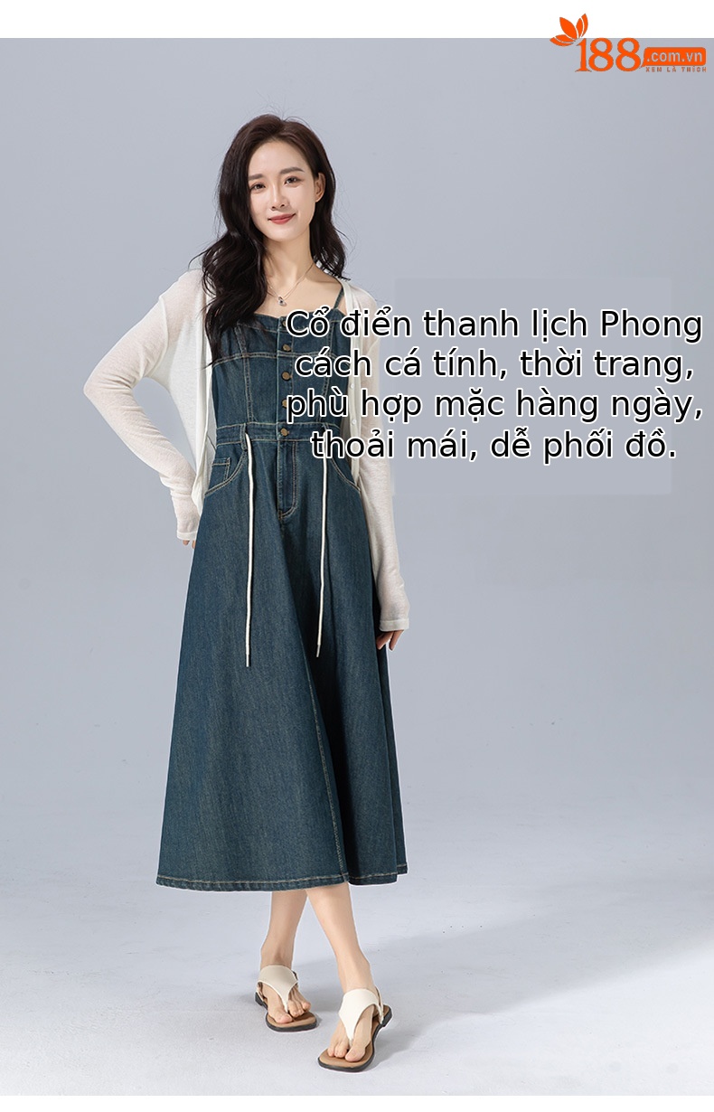 Váy liền hai dây denim cổ điển dáng chữ A thắt eo che hông dài — Xanh đá quý chi tiết 14