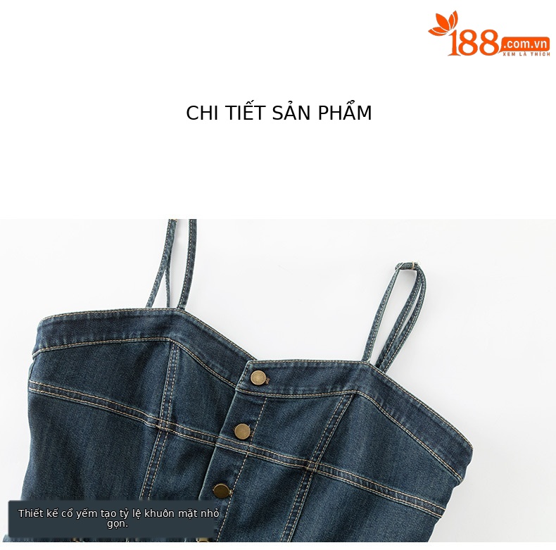 Váy liền hai dây denim cổ điển dáng chữ A thắt eo che hông dài — Xanh đá quý chi tiết 15