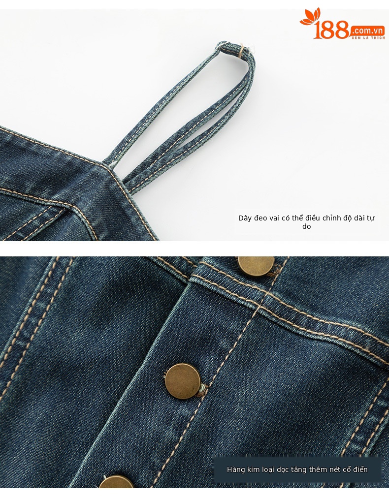 Váy liền hai dây denim cổ điển dáng chữ A thắt eo che hông dài — Xanh đá quý chi tiết 16