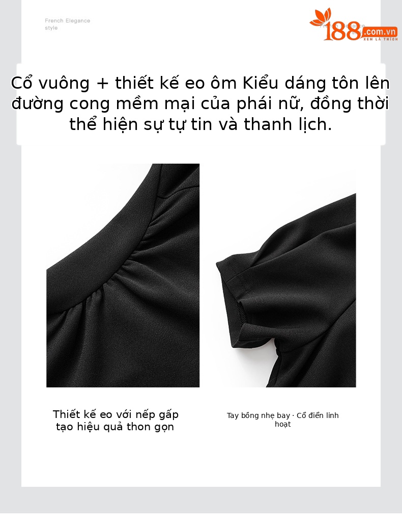 Váy liền dài tay phồng cổ vuông kiểu Pháp siêu co giãn — Màu đen chi tiết 5