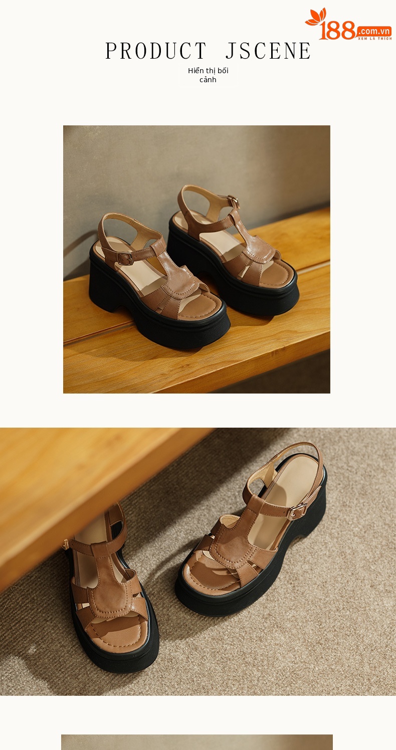 Sandal nữ đế nêm da thật phong cách La Mã hở mũi, gót 10 cm — đen, màu nâu sẫm chi tiết 5