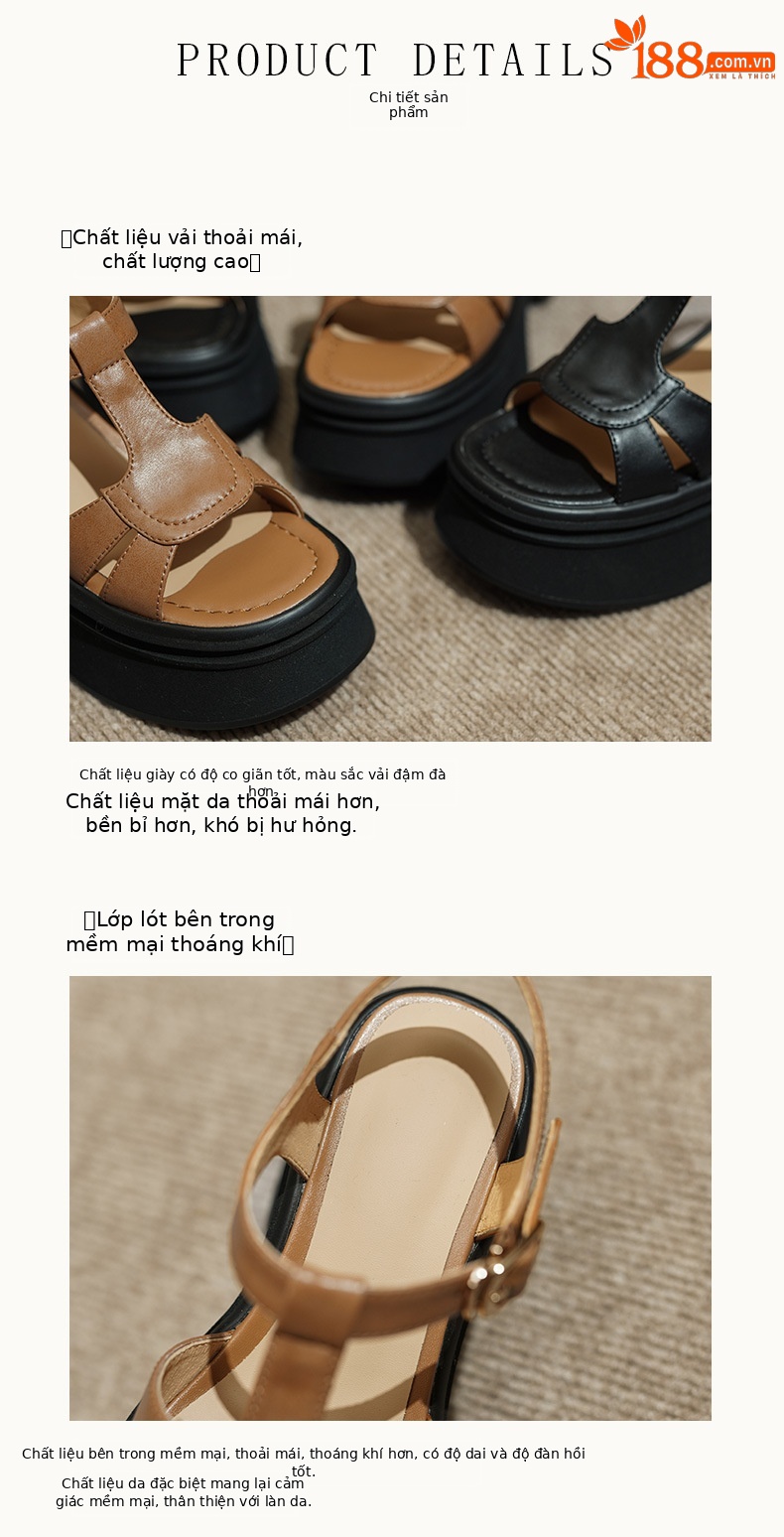 Sandal nữ đế nêm da thật phong cách La Mã hở mũi, gót 10 cm — đen, màu nâu sẫm chi tiết 7
