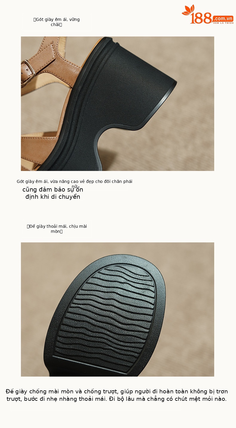 Sandal nữ đế nêm da thật phong cách La Mã hở mũi, gót 10 cm — đen, màu nâu sẫm chi tiết 8