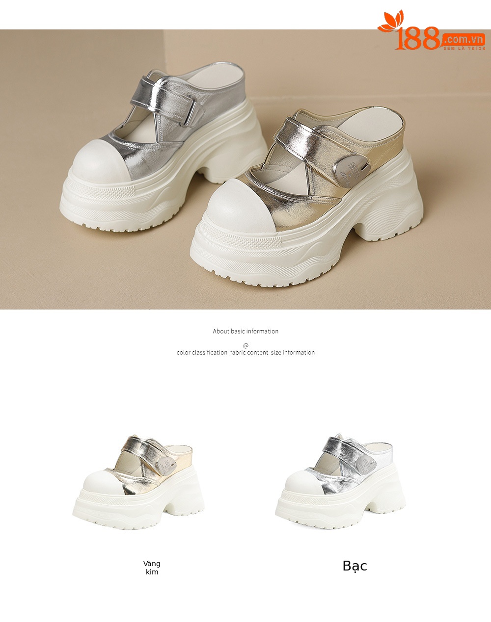 Dép lê đế dày 12cm nữ bít mũi phối màu quai Velcro — Màu vàng trắng, Màu trắng bạc chi tiết 4