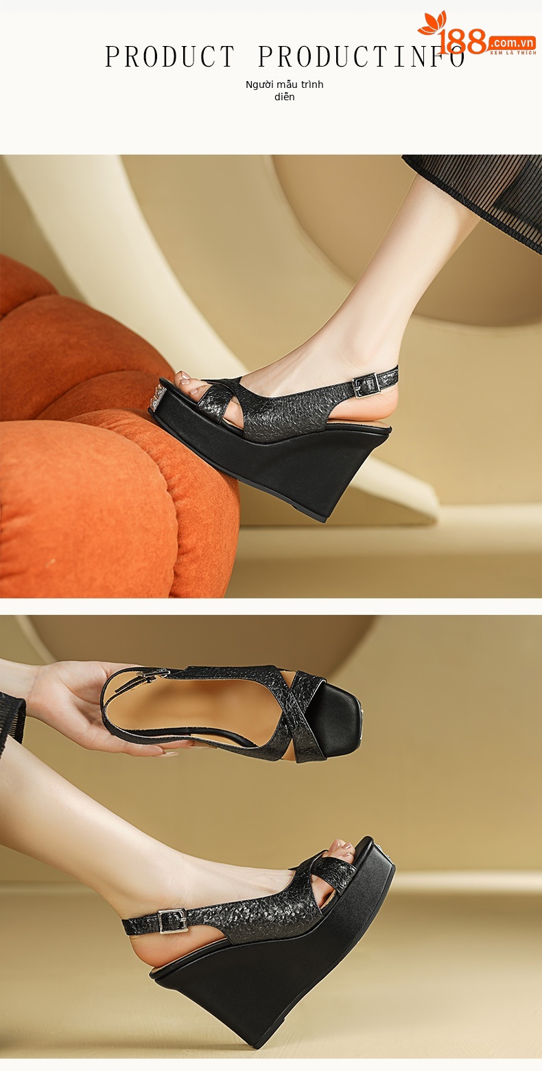 Sandal cao gót nữ hở mũi quai ngang kiểu Pháp, đế xuồng platform, gót 11 cm — Màu đen chi tiết 2