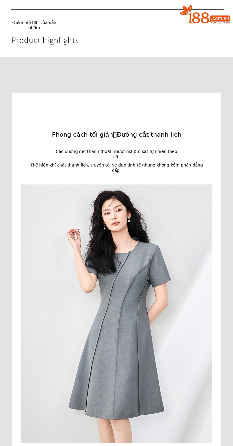 Váy liền thắt eo cổ tròn phong cách Pháp thanh lịch đơn giản — Màu xám chi tiết 4