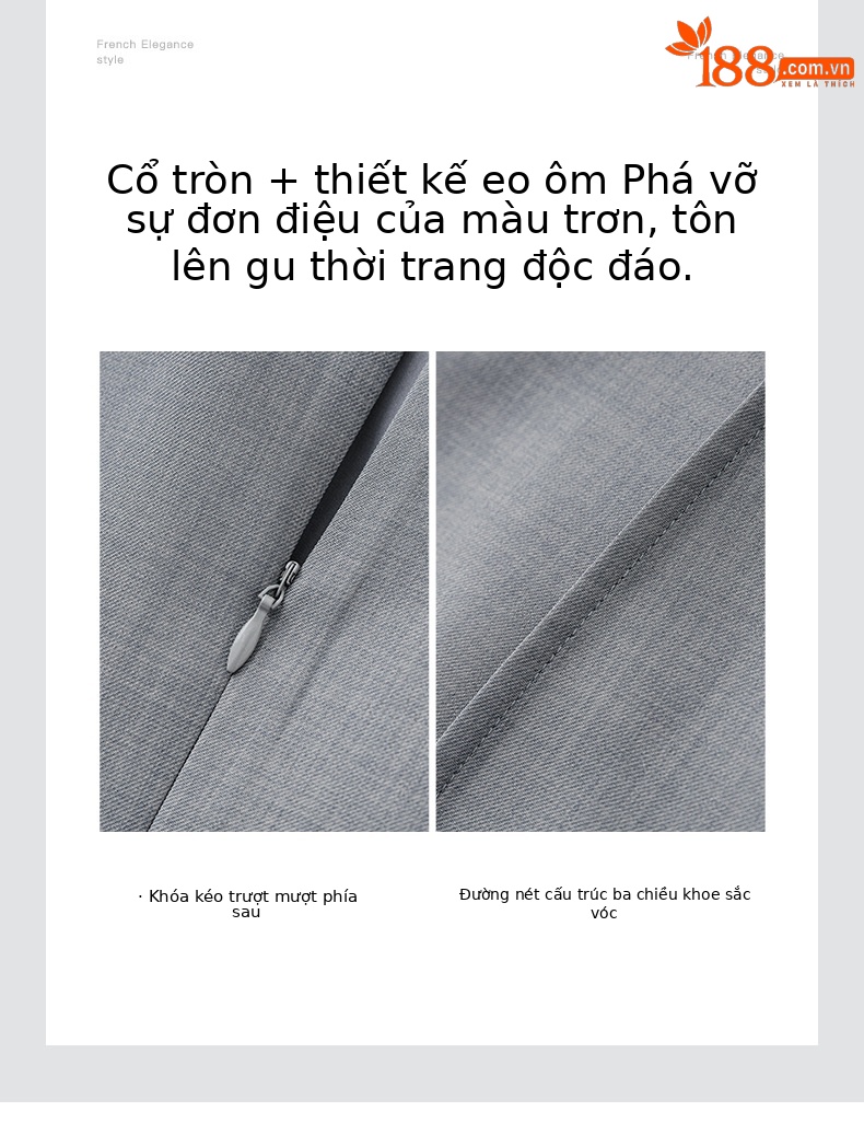 Váy liền thắt eo cổ tròn phong cách Pháp thanh lịch đơn giản — Màu xám chi tiết 5