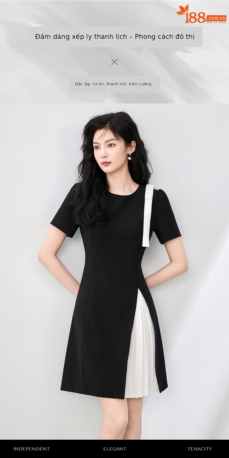 Đầm maxi nữ thắt eo xếp ly bướm phối màu tương phản — Màu đen chi tiết 1