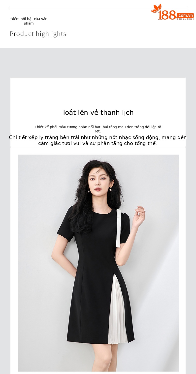 Đầm maxi nữ thắt eo xếp ly bướm phối màu tương phản — Màu đen chi tiết 4