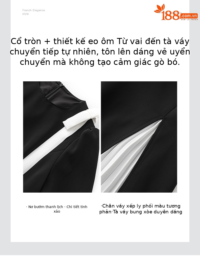 Đầm maxi nữ thắt eo xếp ly bướm phối màu tương phản — Màu đen chi tiết 5