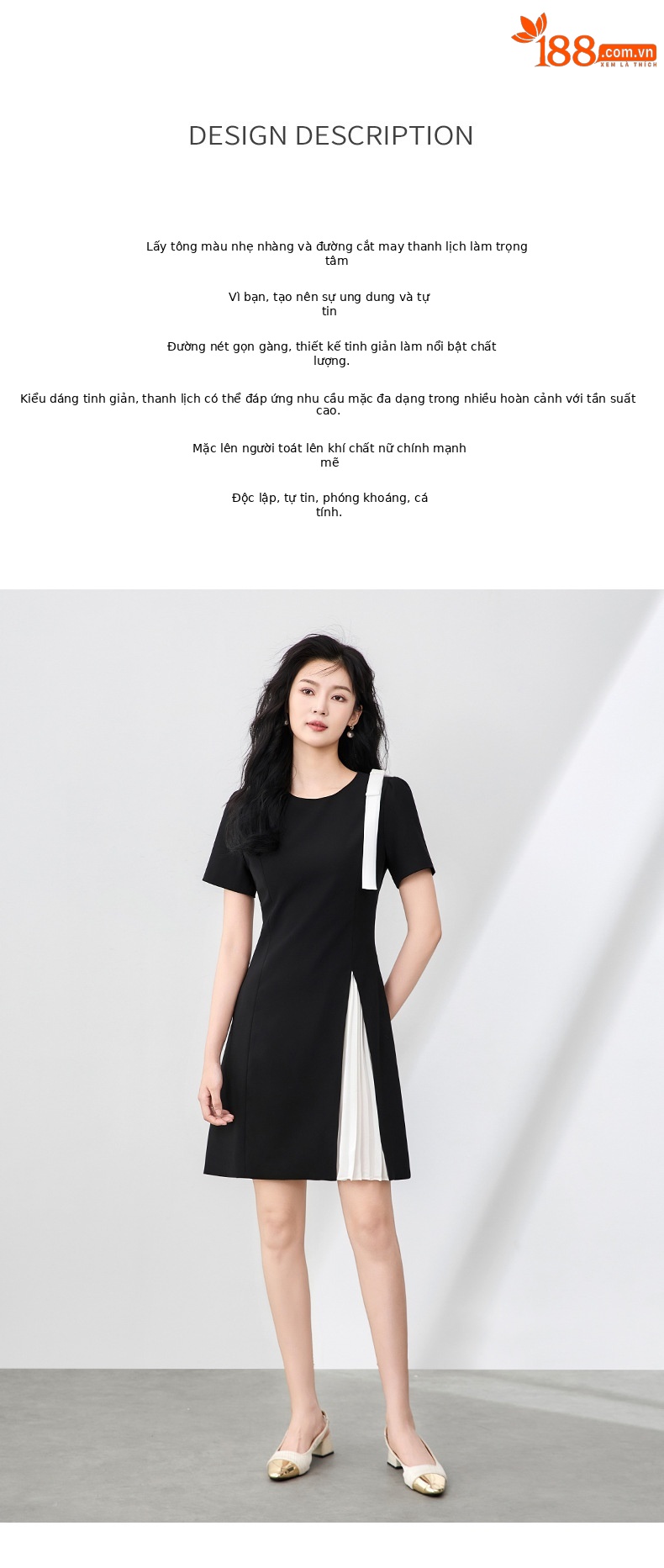 Đầm maxi nữ thắt eo xếp ly bướm phối màu tương phản — Màu đen chi tiết 2