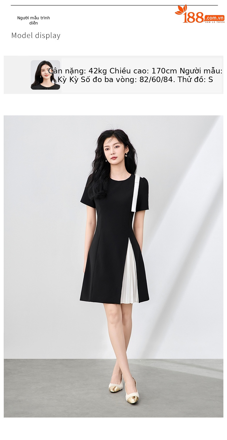 Đầm maxi nữ thắt eo xếp ly bướm phối màu tương phản — Màu đen chi tiết 6