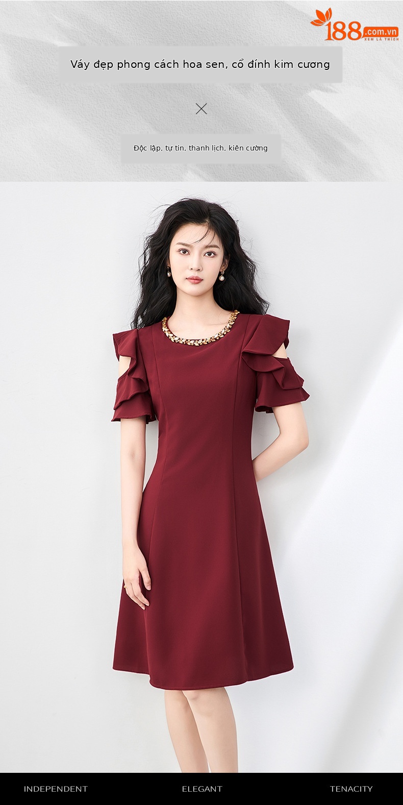 Váy liền thắt eo cổ tròn đính kim cương phong cách Pháp sang trọng cho nữ — Màu đen chi tiết 1