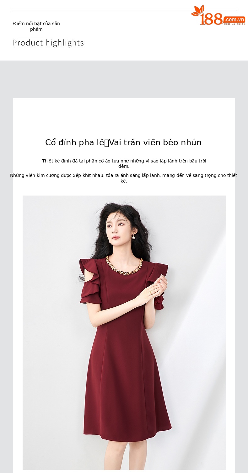 Váy liền thắt eo cổ tròn đính kim cương phong cách Pháp sang trọng cho nữ — Màu đen chi tiết 4