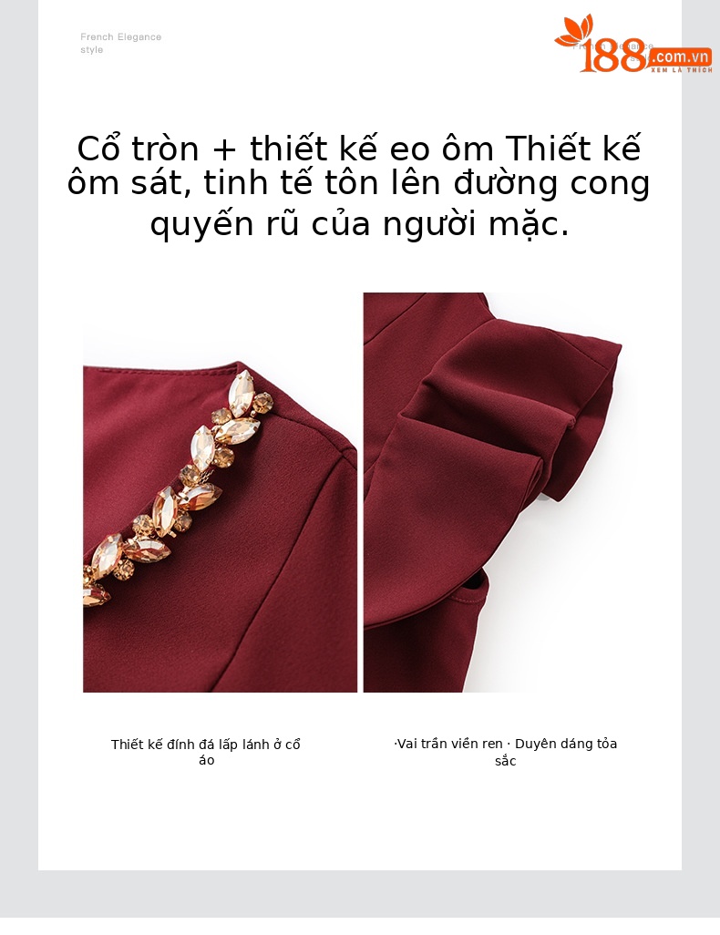 Váy liền thắt eo cổ tròn đính kim cương phong cách Pháp sang trọng cho nữ — Màu đen chi tiết 5