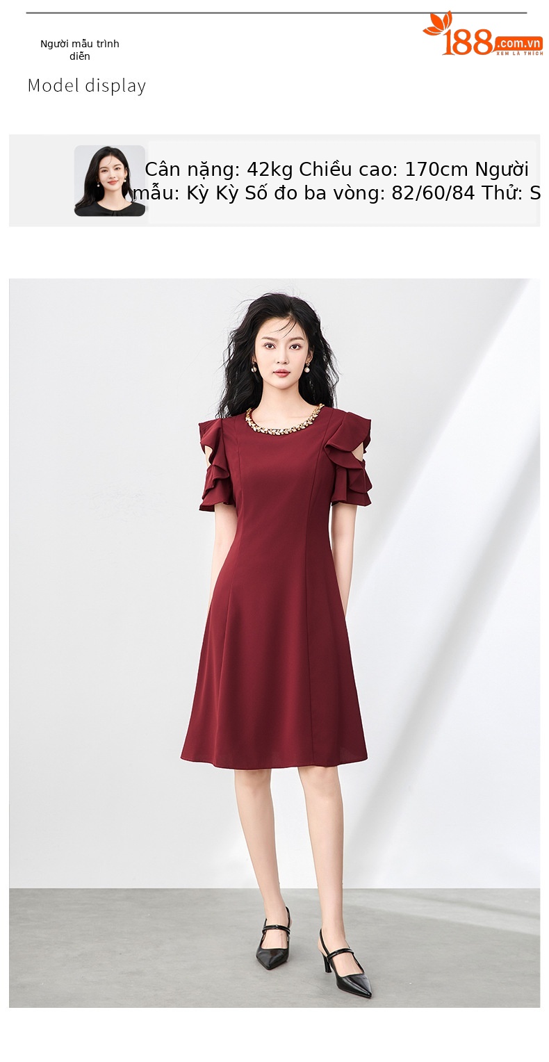 Váy liền thắt eo cổ tròn đính kim cương phong cách Pháp sang trọng cho nữ — Màu đen chi tiết 6