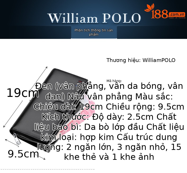 Ví da bò dài nam Hoàng Đế Paul da thật cao cấp nhiều ngăn thẻ chi tiết 2