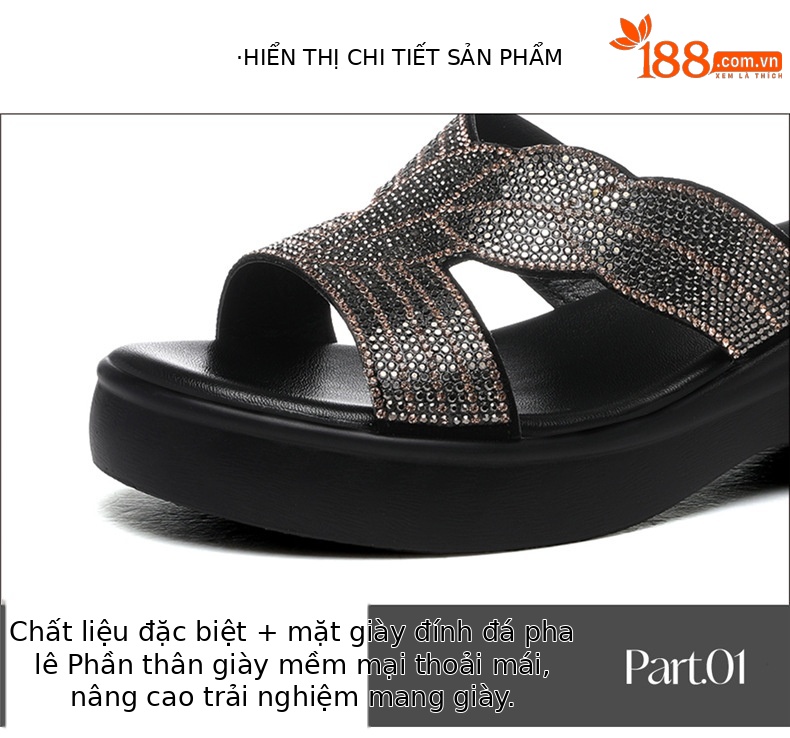 Dép xỏ ngón nữ đế nêm đính đá, đế dày chống trượt, gót vừa, mùa hè — 7149 đen, 7149 vàng chi tiết 15