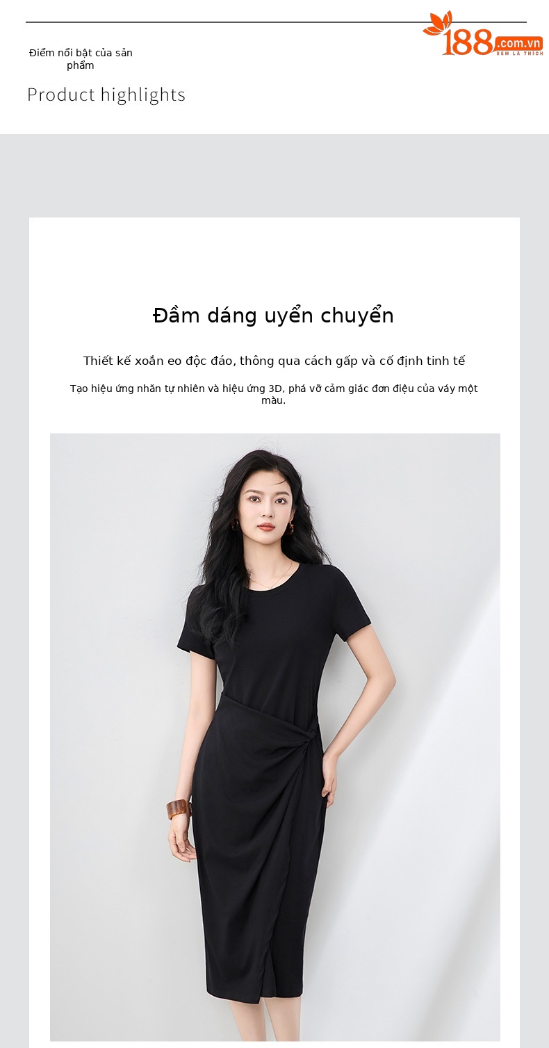 Váy liền thon gọn eo xếp ly xoắn bên tinh tế khí chất thanh lịch kiểu Pháp Nanyou nữ mẫu hè — Màu đen chi tiết 3