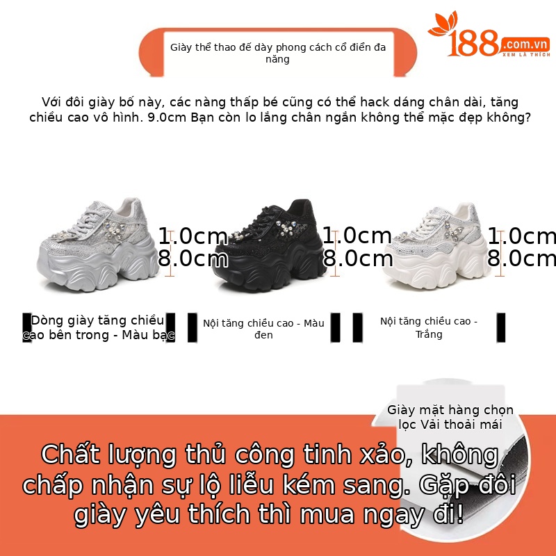 Giày sneaker nữ đế dày tăng chiều cao mặt lưới thoáng khí đính đá — Màu trắng