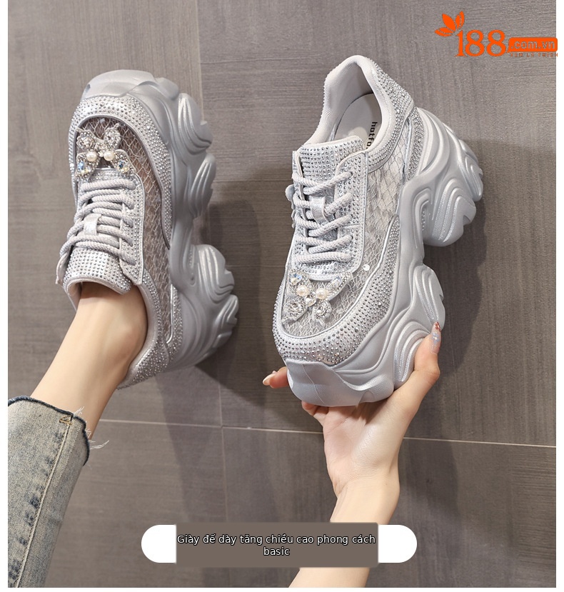 Giày sneaker nữ đế dày tăng chiều cao mặt lưới thoáng khí đính đá — Màu trắng chi tiết 1