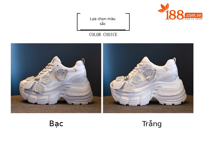 Giày sneaker nữ đế dày tăng chiều cao mặt lưới thoáng khí đính đá — Màu trắng chi tiết 2