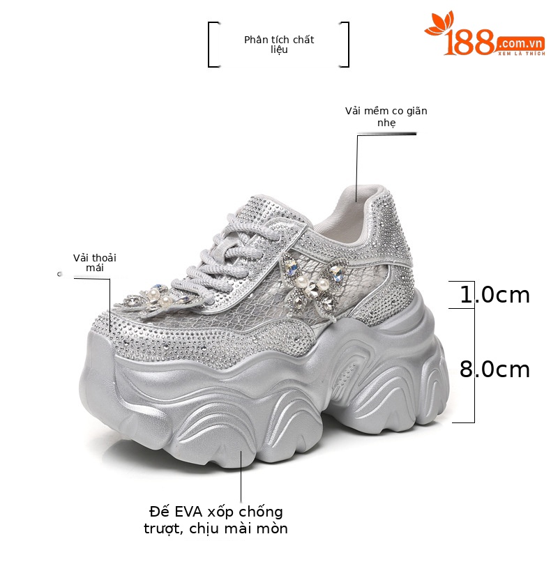 Giày sneaker nữ đế dày tăng chiều cao mặt lưới thoáng khí đính đá — Màu trắng chi tiết 3