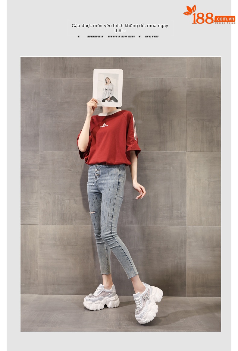 Giày sneaker nữ đế dày tăng chiều cao mặt lưới thoáng khí đính đá — Màu trắng chi tiết 6