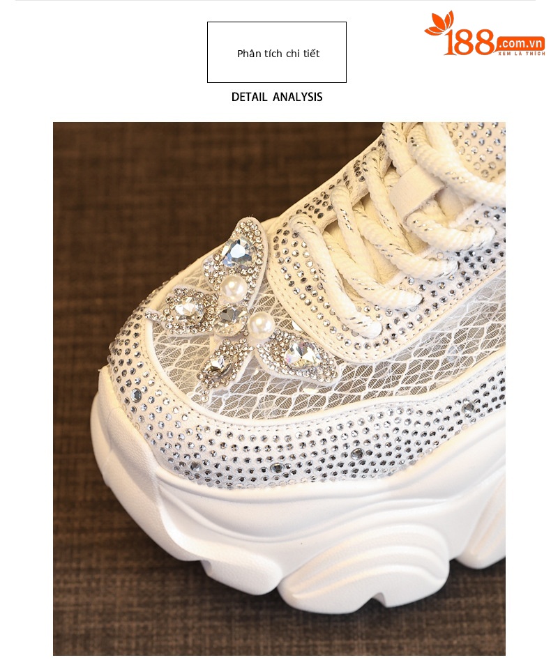 Giày sneaker nữ đế dày tăng chiều cao mặt lưới thoáng khí đính đá — Màu trắng chi tiết 7