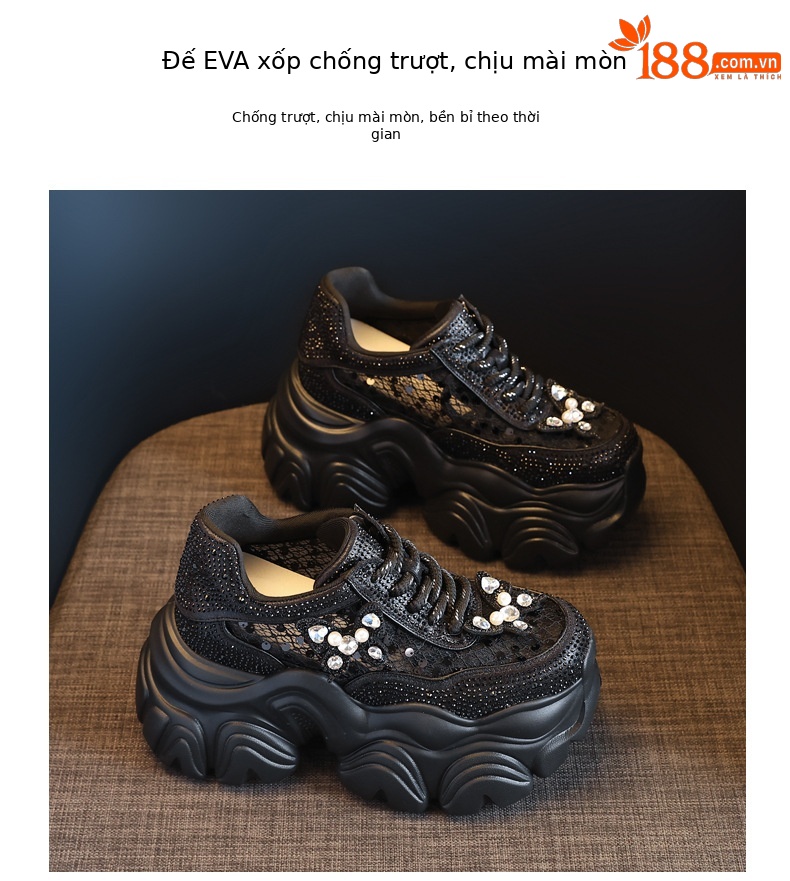 Giày sneaker nữ đế dày tăng chiều cao mặt lưới thoáng khí đính đá — Màu trắng chi tiết 10