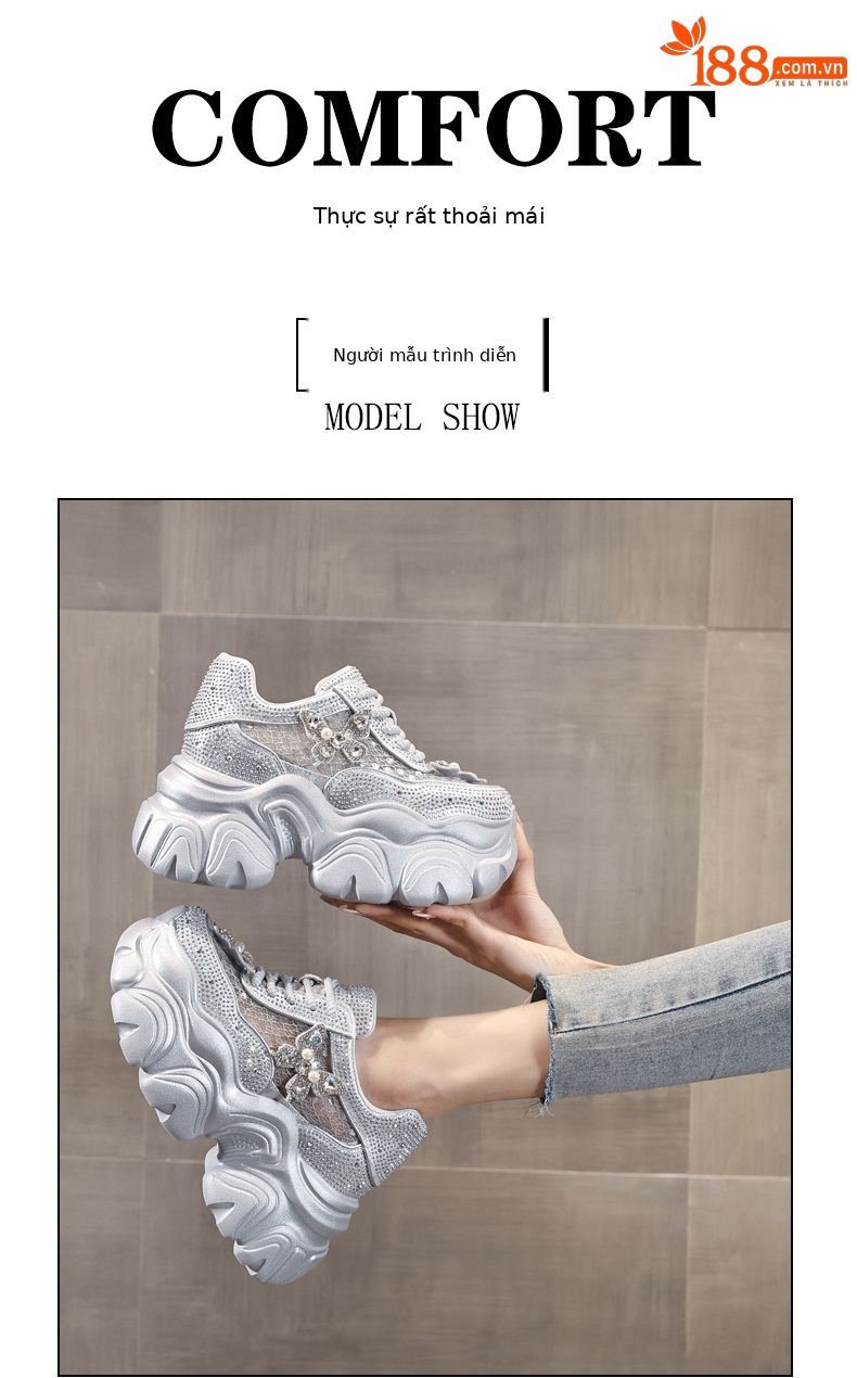 Giày sneaker nữ đế dày tăng chiều cao mặt lưới thoáng khí đính đá — Màu trắng chi tiết 11
