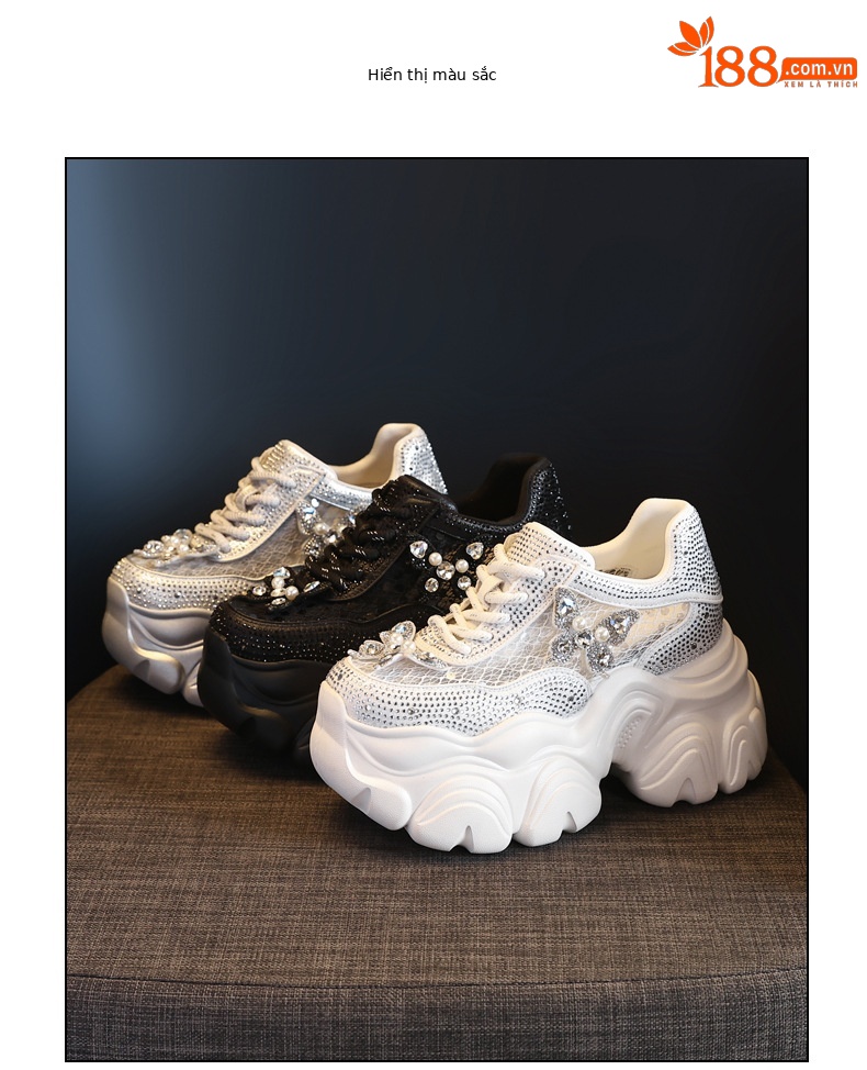 Giày sneaker nữ đế dày tăng chiều cao mặt lưới thoáng khí đính đá — Màu trắng chi tiết 18