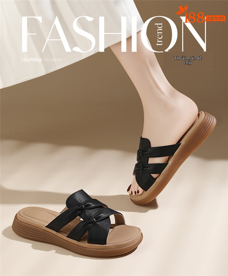 Dép sandal nữ da thật đế phẳng cỡ lớn chống trượt gân đế bền — JST 7158m màu, JST 7158 màu đen chi tiết 1