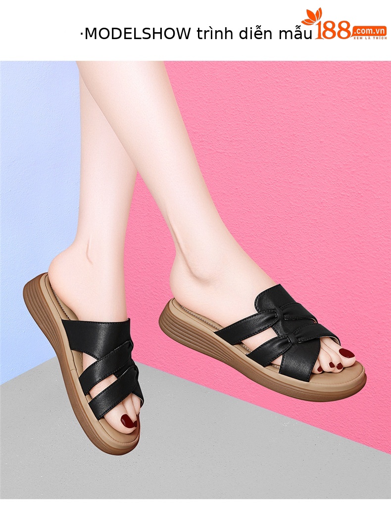 Dép sandal nữ da thật đế phẳng cỡ lớn chống trượt gân đế bền — JST 7158m màu, JST 7158 màu đen chi tiết 4