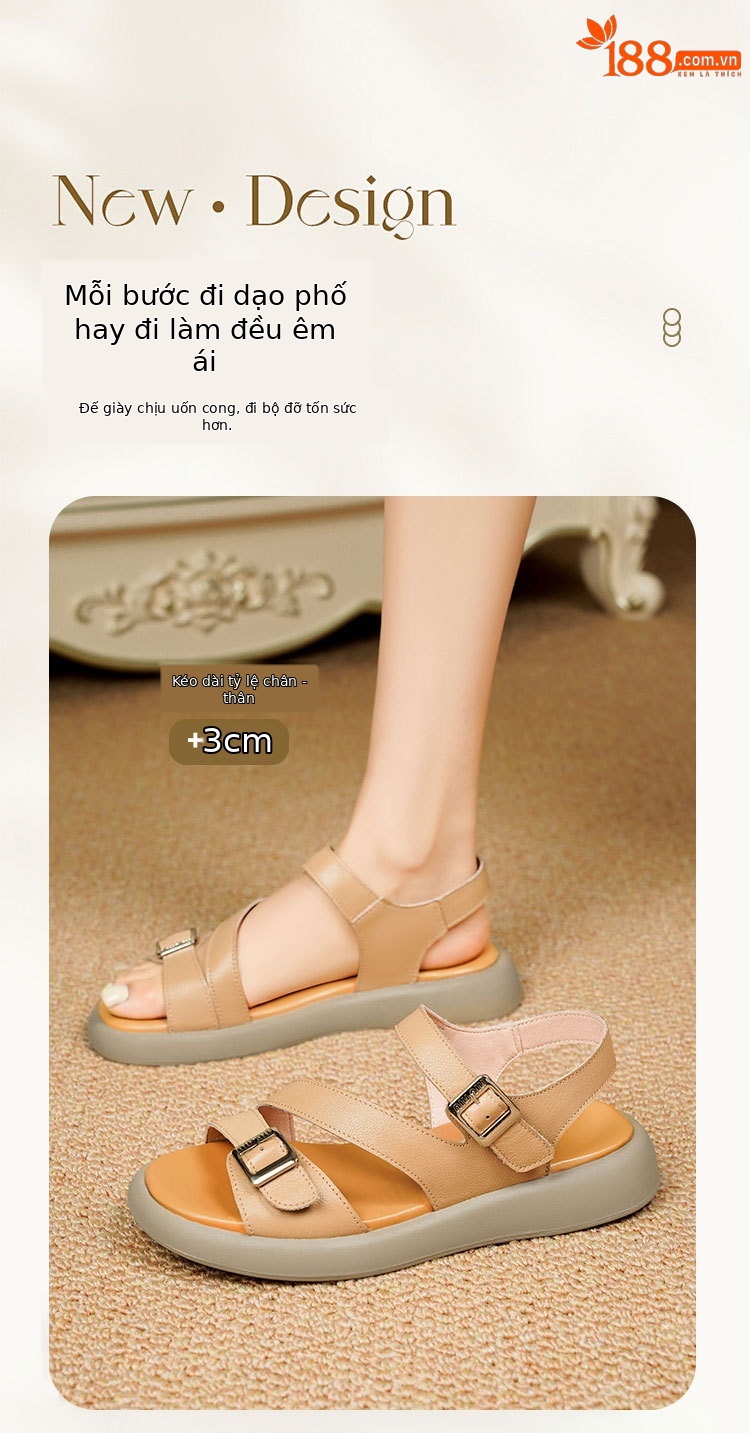 Sandal nữ quai ngang da thật đế dày mềm mại — Màu nâu chi tiết 2